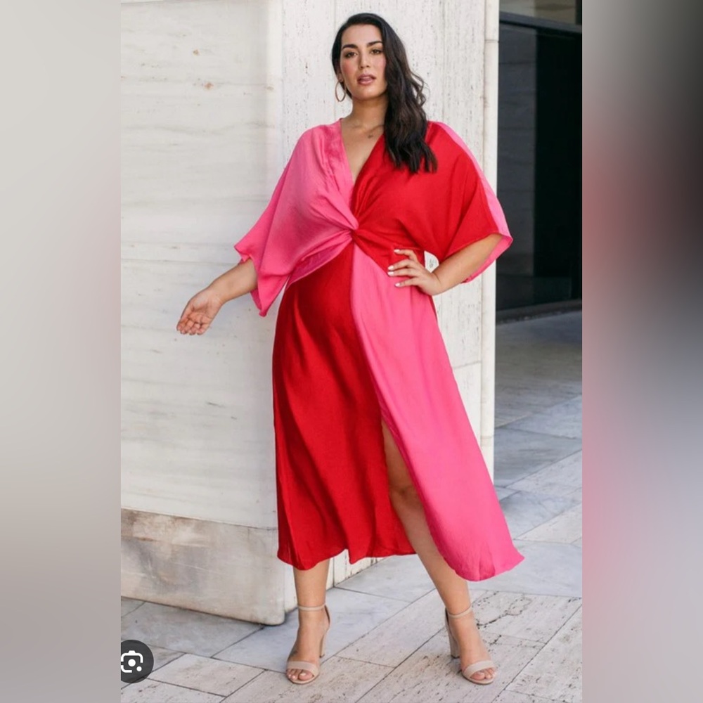 Dressed in LALA take me out pink and red color block dress in size L NWT